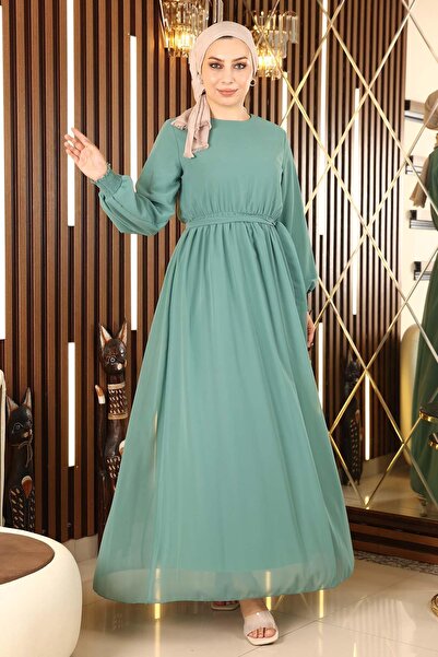 Modamihram Βραδινό φόρεμα σιφόν με ελαστική μανσέτα μέντα 12003