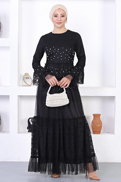 Modamihram Perlenbesetztes Spitzen-Abendkleid mit Volantärmeln Schwarz 12213