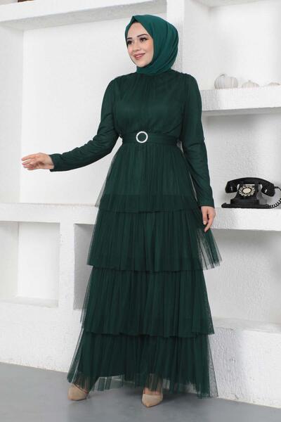 Modamihram Tulle Evening Dress with Frilly Skirt Emerald 19111