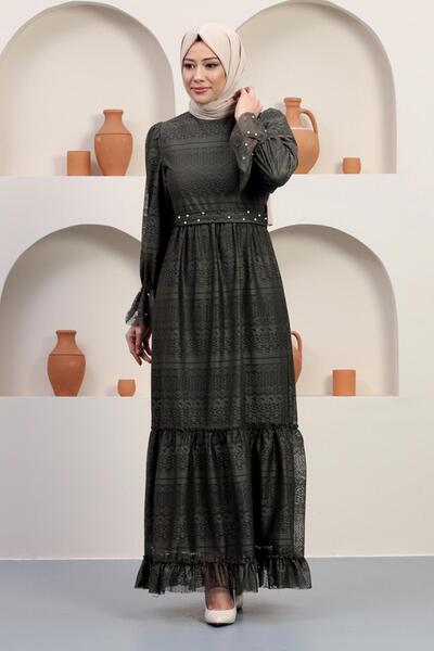 Modamihram Вечерна рокля с перлена дантела, цвят каки 12239