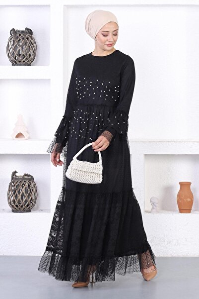 Modamihram Perlenbesetztes Spitzen-Abendkleid mit Volantärmeln Schwarz 12213