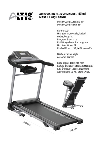 ALTIS Vision Plus V2 Manuel Eğimli Masajlı Koşu Bandı 3 Hp