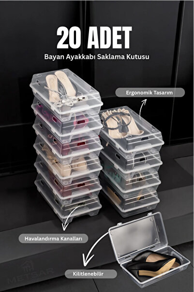 Metsar Home 20 Adet Kadın Ayakkabı Kutusu - Şeffaf Ayakkabı Düzenleyici Saklama Kutusu Organizer Seyahat Kutusu