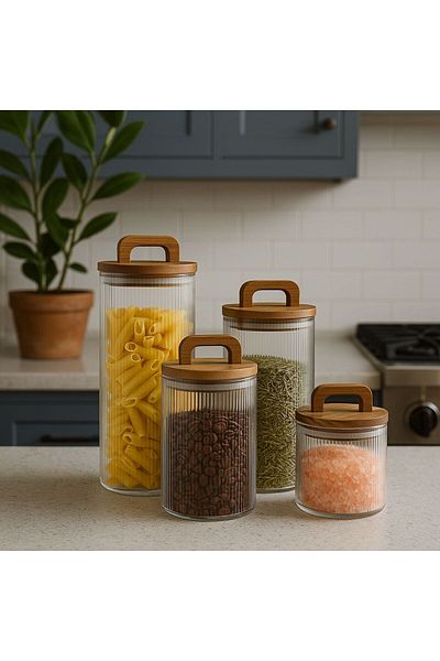 AROW Set of 4 Acacia Vacuum Lid Borosilicate Glass Jars