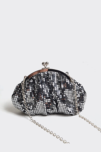 Seline Atelier Geantă de seară cu lanț cu agrafă din metal cu paiete argintiu