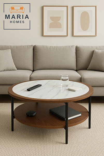 MARIA HOMES Center Table White With Marble Style Top And Walnut Round Coffee Table With Dual Shelf