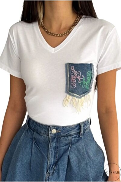 Cassime Γυναικείο T-Shirt με λευκό τζιν με λαιμόκοψη σε V λαιμόκοψη με παγιέτ...