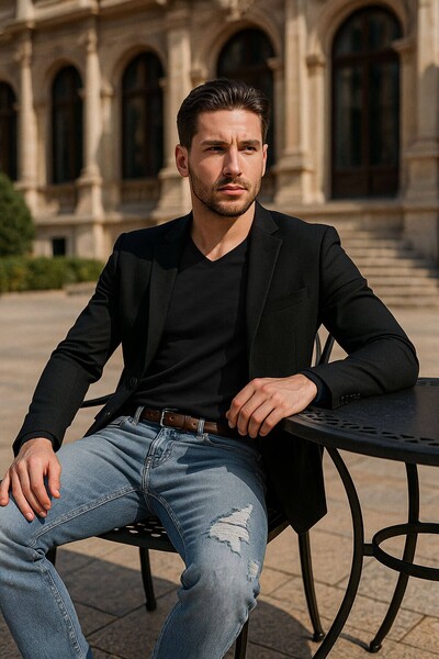 BANNY JEANS Ανδρικό τζιν παντελόνι με σχέδιο με κομμένο κανονικό μπλε