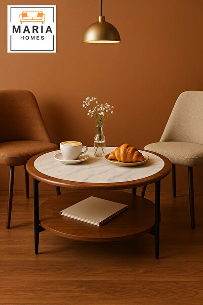 MARIA HOMES Center Table White With Marble Style Top And Walnut Round Coffee Table With Dual Shelf