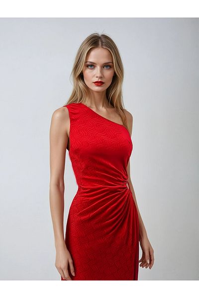 Kinzi Rochie roșie elegantă și stilată pentru femei, cu un singur umăr, cu model strălucitor