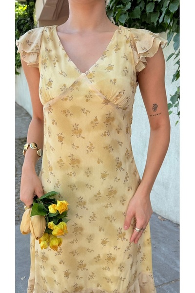 Nesil Desenli Eteği Fırfırlı Midi Boy Kadın Elbise