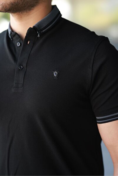 Miron Černé vyšívané tričko Polo s krátkým rukávem -2518