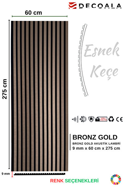 DECOALA Mdf Ahşap Akustik Duvar Paneli 60 X 275 Cm - Bronz Gold