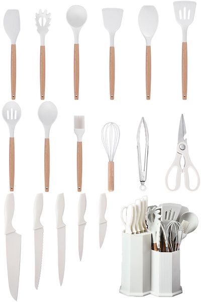 valletta Legolas 18 Piece Heat Resistant Silicone Fireproof Non-Stick Serving Set with Stand White