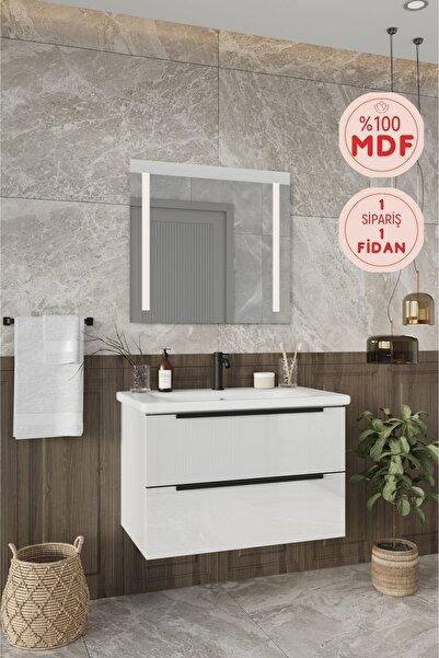 BALNEOM Banyo Kadife Beyaz Parlak Hıgh Gloss %100 Mdf 80 Cm Banyo Dolabı Led Işıklı Aynalı Üst Dolap