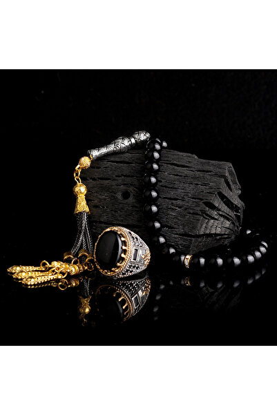 Senin Silver Siyah Akik Taşlı 925 Ayar Gümüş Yüzük Ve Doğal Akik Taşlı Tesbih