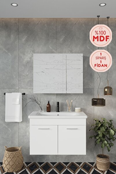 BALNEOM Banyo Defne 80cm %100 Mdf Banyo Dolabı Aynalı Dolaplı Üst Dolap Lavabo