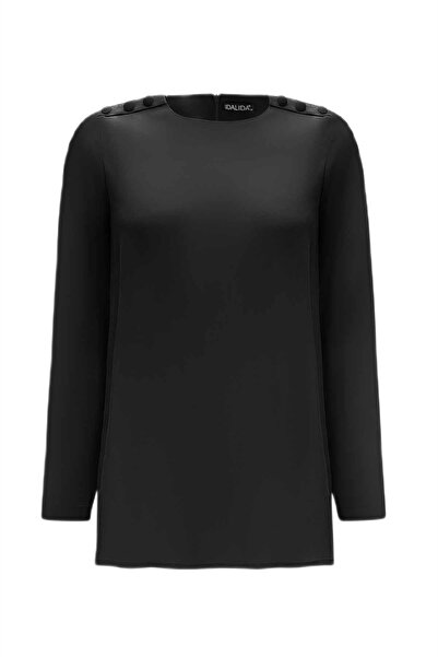 MISS DALIDA Black Round Neck Button Detailed Cupro Tunic T25Y-6067