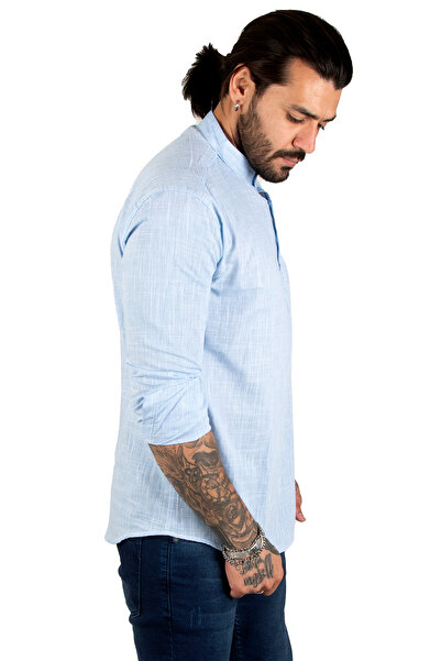 Rizz up Мъжка синя ленена риза с дълги ръкави на райета с половин копче 2201914