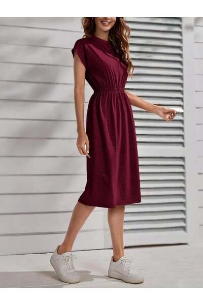 modamtn Women's Short Sleeve Crew Neck Midi Viscose Dress with Elastic Waist