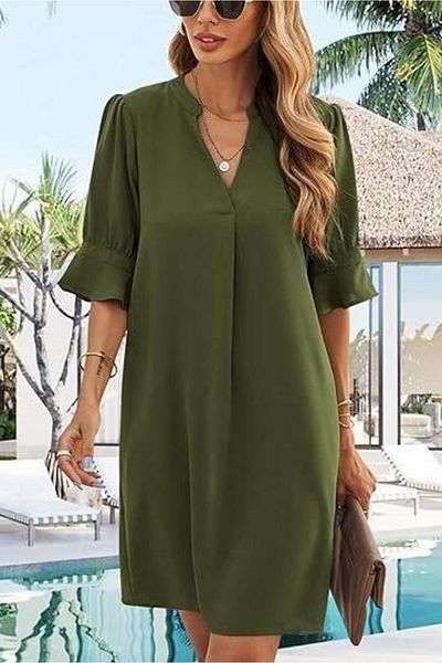 modamtn Women's Woven Viscose Fabric V Span Round Band Collar Casual Mini Dress