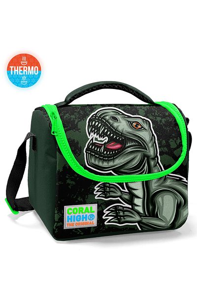 Coral High 11725 Тъмнозелена черна термо чанта за обяд с шарка на динозавър