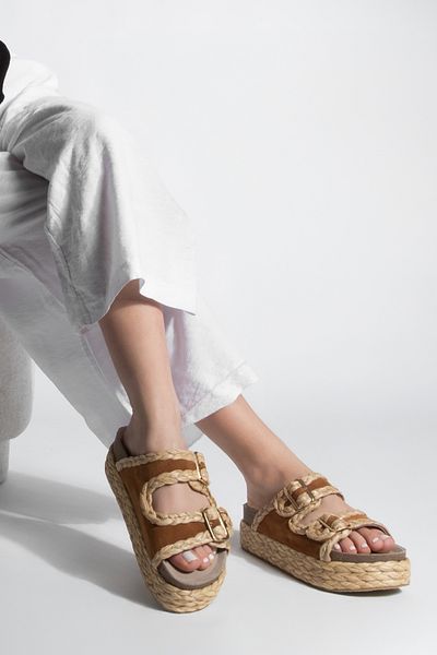 Marjin Women's Thick Straw Sole Double Banded Daily Slippers Barno Tan