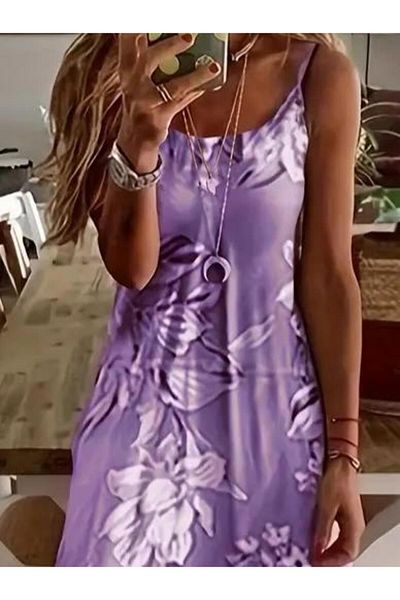 modamtn Women's Strappy Round Neck Skirt Wide Cut Patterned Single Jersey Dress