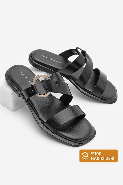 Marjin Women's Genuine Leather Buckle Daily Slippers Fenzum Black