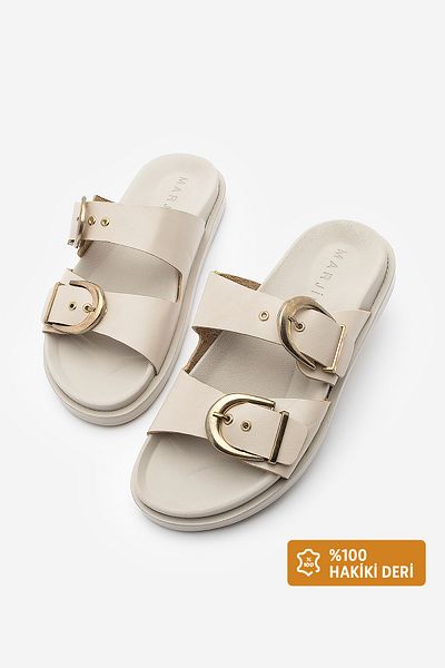 Marjin Women's Genuine Leather Double Banded Buckle Casual Slippers Gepso Ecru