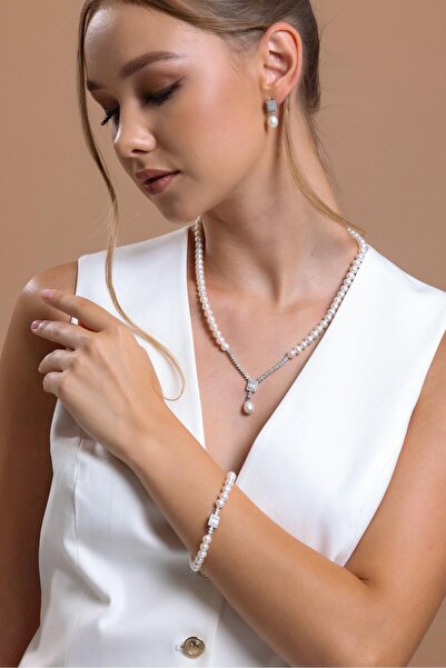 Birinci1926 14 Ayar Altın 7 Mm Baget Taşlı Doğal Inci Küpe Kolye Bileklik Üçlü Set