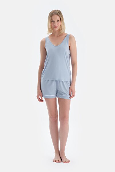 Dagi Set de pijamale cu pantaloni scurți modal cu decolteu în V Ice Blue Cool Touch