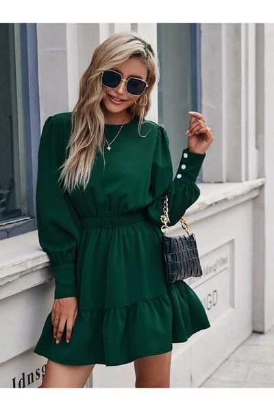 modamtn Women's Long Sleeve Crew Neck Ruffled Imported Crepe Dress with Elastic Waist