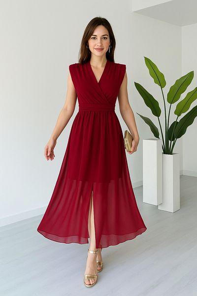 modamtn Women's Padded Chiffon Sleeveless Double Breasted Neckline Slit Detail Stylish Midi Dress