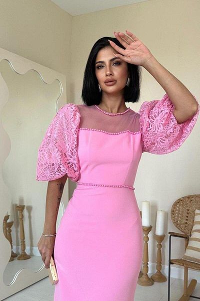 mrpurple Rochie roz cu perle cu detaliu din tul