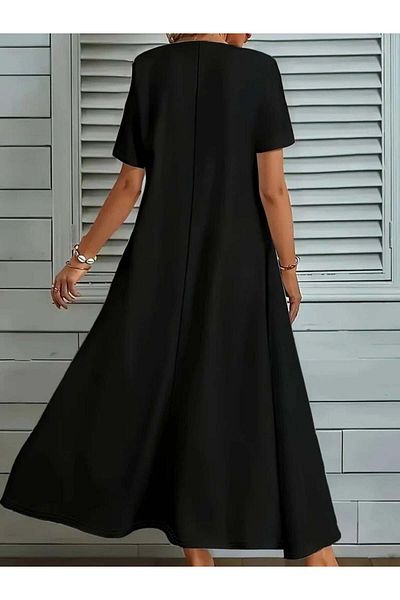 Silerra Women's Short Sleeve V Neck Pocket Detail Long Janjan Crepe Dress