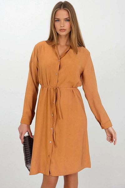 VAGGON Women's Brown Button Closure Lace Detail Shirt Collar Dress Vs00379