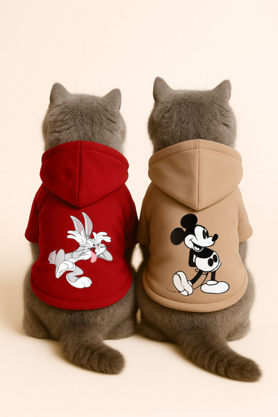 Monopetz Kapişonlu Polar Sweatshirt Köpek Ve Kedi Kıyafeti - Buggs & Mickey 2'li Fırsat Paketi - S Beden