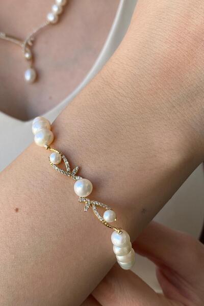 Birinci1926 14 Ayar Altın 7 Mm Yaprak Taşlı Doğal Incili Küpe Kolye Bileklik Üçlü Set