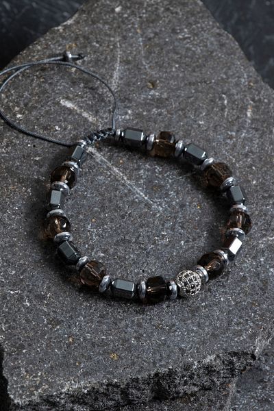 OSMANLI DOĞAL TAŞ Certified Smoky Quartz, Natural Stone Macrame Bracelet with Hematite Facets