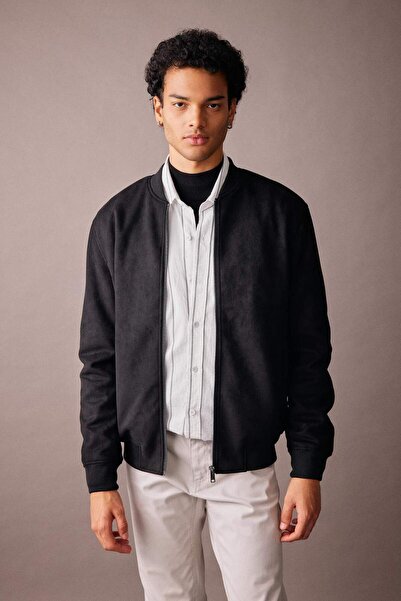 DeFacto Slim Fit Suede Bomber Coat Jacket Slim fit Κολεγιακό πέτο με φερμουάρ Διπλές τσέπες Εποχιακό ελαφρύ