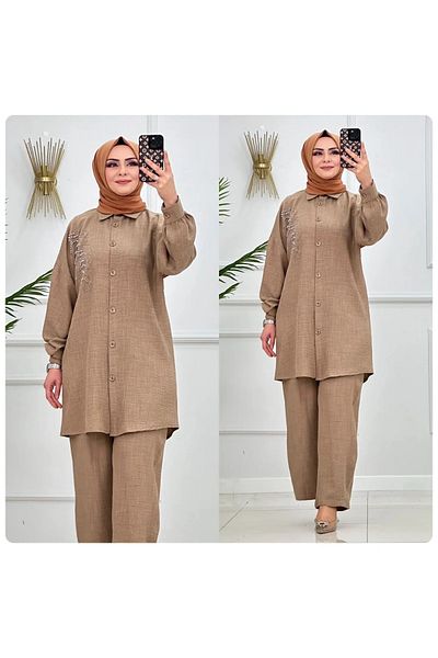 NİSUM MODA Linen Blend Suit with Stones on the Front