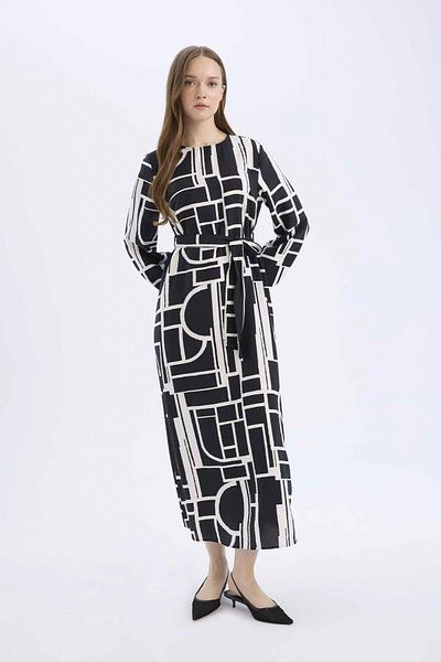 DeFacto Rochie maxi cu mânecă lungă, cu mânecă lungă, cu decolteu rotund, cu imprimeu E5247AX25SP