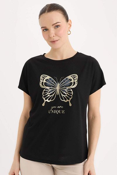 DeFacto Tricou cu mânecă scurtă cu imprimeu fluture cu gât crew D8924AX25SP