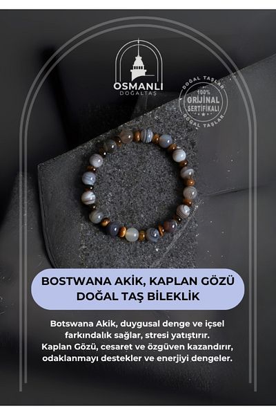 OSMANLI DOĞAL TAŞ Certified Bostwana Agate, Tiger Eye Natural Stone Bracelet