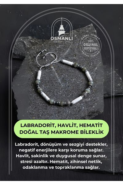 OSMANLI DOĞAL TAŞ Certified Labradorite, Howlite, Hematite Natural Stone Macrame Bracelet