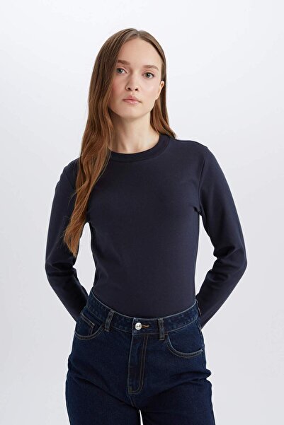 DeFacto Regular Fit Bisiklet Yaka Basic Düz Pamuklu Uzun Kollu Tişört E0289AX25SP