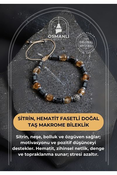 OSMANLI DOĞAL TAŞ Certified Citrine, Hematite Faceted Natural Stone Macrame Bracelet