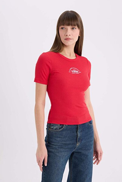 DeFacto Fitted Crew Neck Printed Ribbed Camisole Short Sleeve T-Shirt E5069Ax25Sp