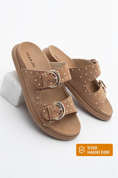 Marjin Women's Genuine Leather Buckle Studded Daily Slippers Lipaz Camel Suede